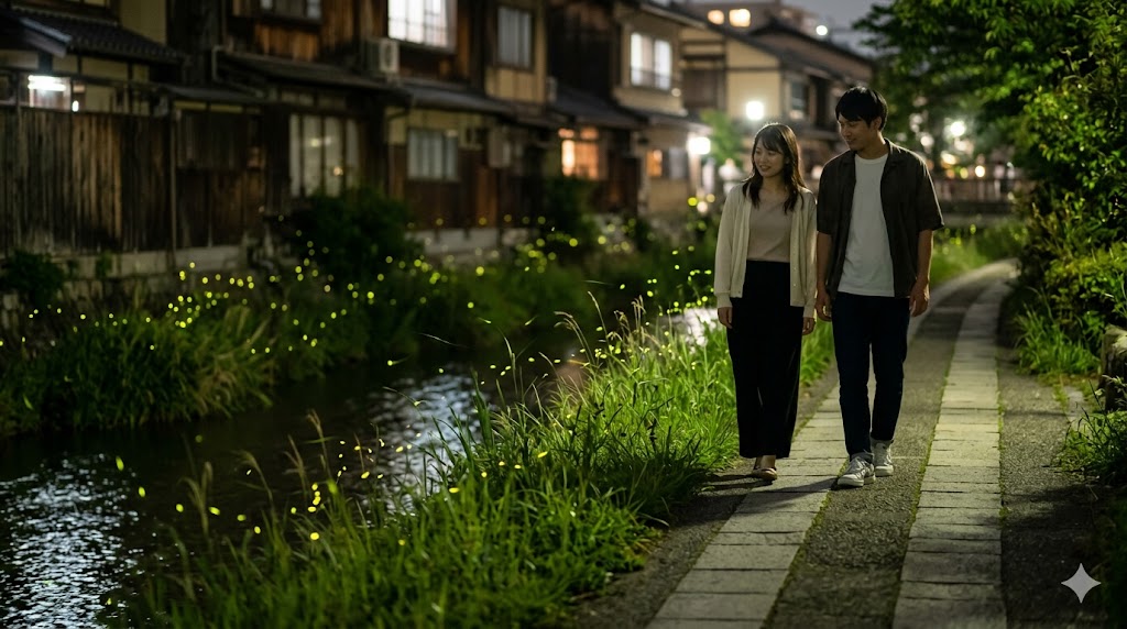 夜の京都・哲学の道を散策するカップルと、疎水沿いに飛び交う蛍の光