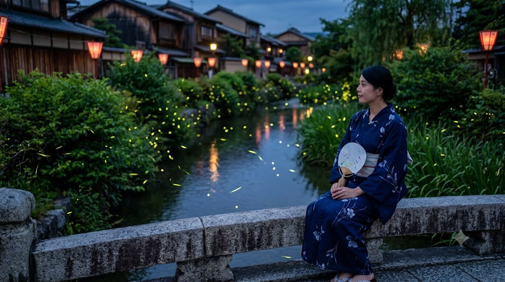 京都の夜、川沿いで蛍を鑑賞する浴衣姿の日本人女性。五感で楽しむ初夏の風情
