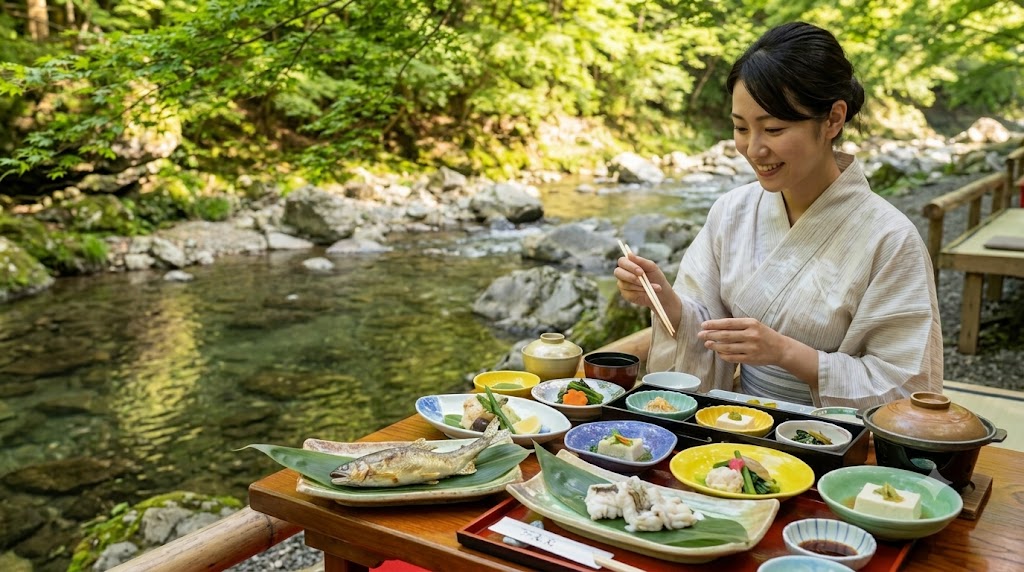 京都の高雄エリア、清滝川沿いの川床（かわどこ）で提供される豪華な会席料理のクローズアップ。鮎の塩焼きや鱧（はも）、季節の小鉢が美しく盛り付けられ、浴衣姿のアジア人女性が食事を楽しんでいる風景。16:9の横長写真。