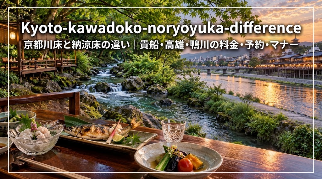 京都の川床と鴨川納涼床の違いを表した清流・夏料理・夕景