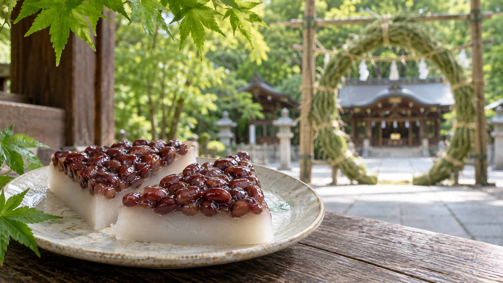 京都の神社と茅の輪を背景にした白いういろうと小豆の水無月