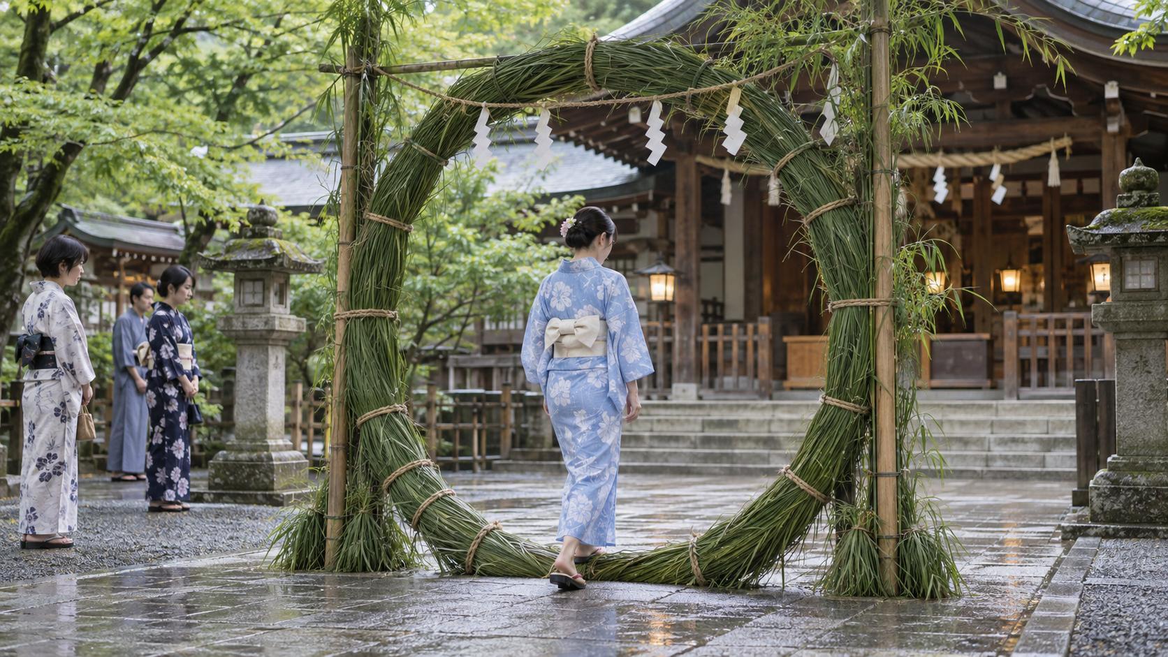 京都の神社で夏越の祓の茅の輪をくぐる浴衣姿の日本人女性