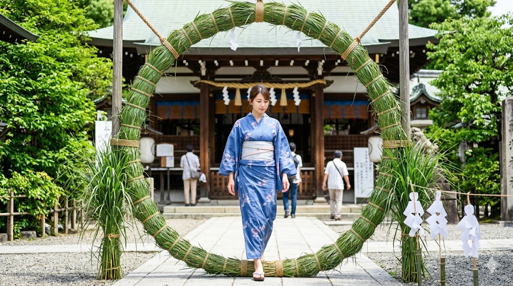 京都の神社で、夏越の祓の行事として、浴衣姿の日本人女性が大きな茅の輪を正しい作法（左回り）でくぐっている様子。