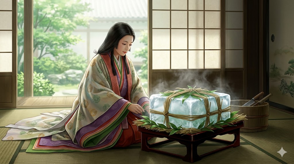平安時代の宮廷の涼しい一室で、十二単姿の貴族の女性が、山中の氷室から運ばれてきた天然の氷の塊を、藁と青葉に包まれた状態で好奇心と敬意を持って見つめている様子。