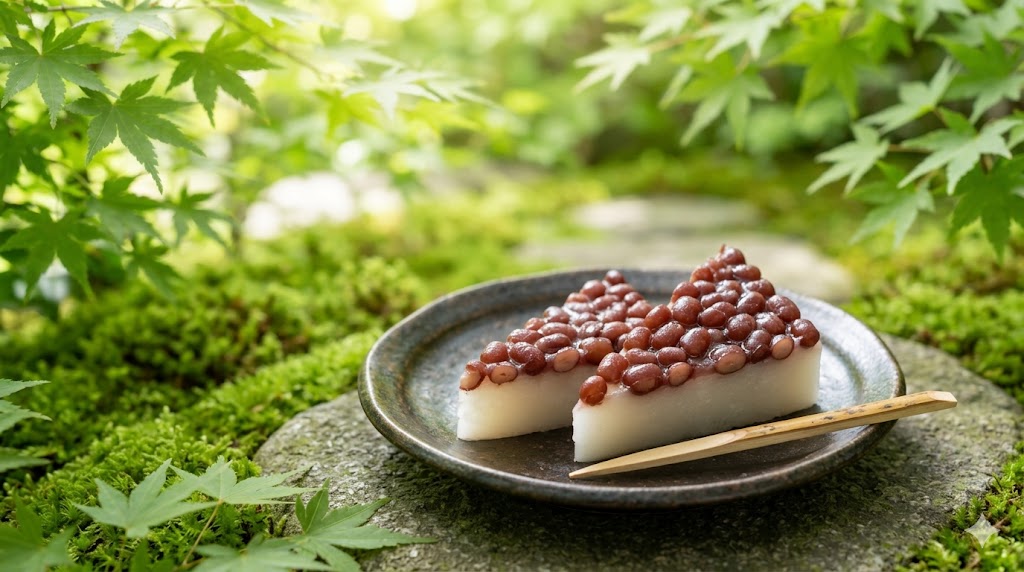 初夏の京都の神社境内で、苔むした石畳の上に置かれた和食器に盛られた、白いういろうと赤い小豆の三角形の和菓子「水無月」。