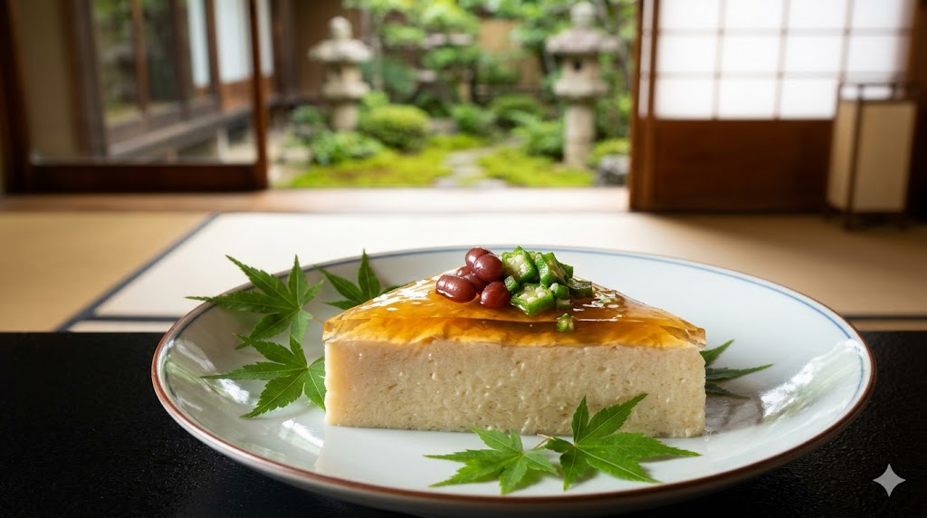 京都の料亭で提供される、長芋や湯葉を用いた三角形の料理「水無月豆腐」。だしジュレと小豆、オクラが添えられている。