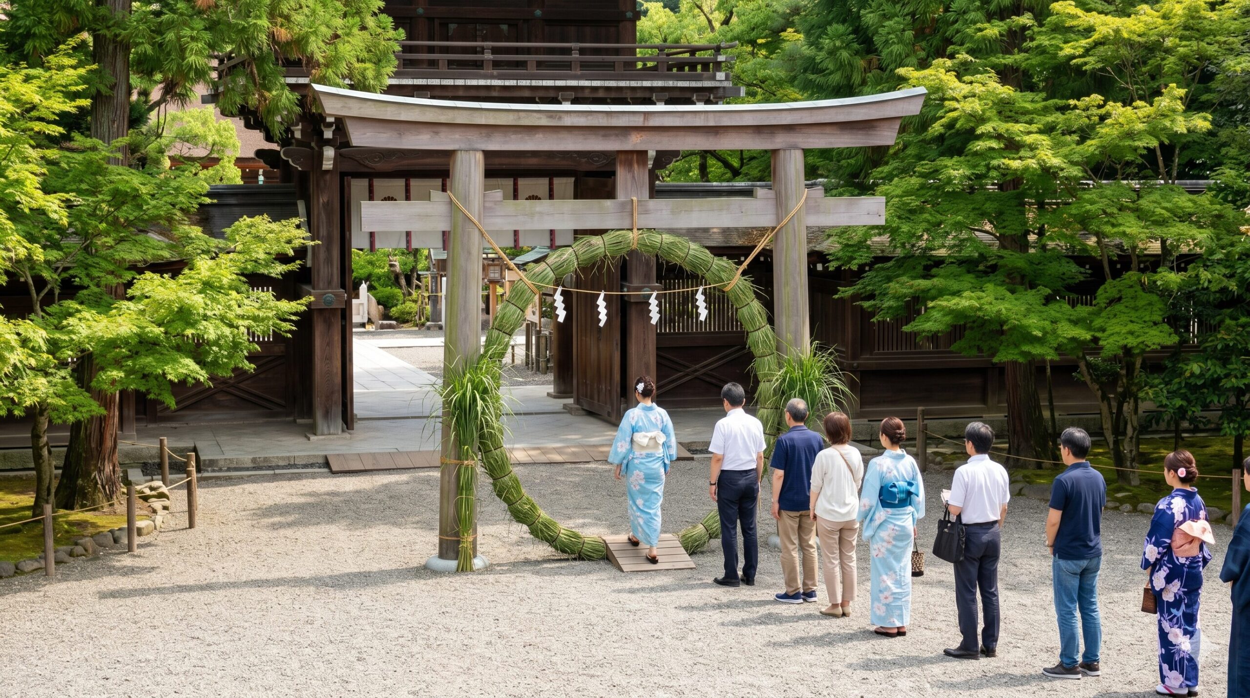 京都の歴史ある神社で、新緑の木々に囲まれた大きな茅の輪を順番にくぐる和服やカジュアルな服装の日本人の参拝客たち。青空が広がる静かな神事の様子。