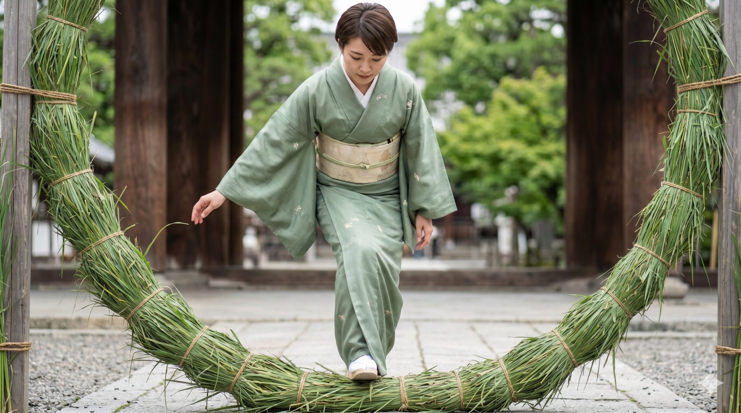 京都の神社で、大きな茅の輪を左足からまたぎ、左回りにくぐり始める和服姿の日本人女性。動きの作法を捉えたクローズアップ写真。