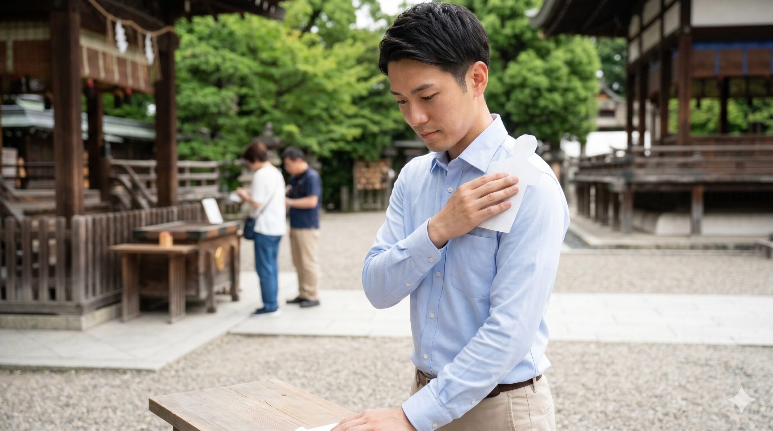 京都の神社境内で、自分の体に紙の人形（ひとがた）を撫で付けて穢れを移す所作をする日本人男性。真剣な表情で儀式に向き合う様子。