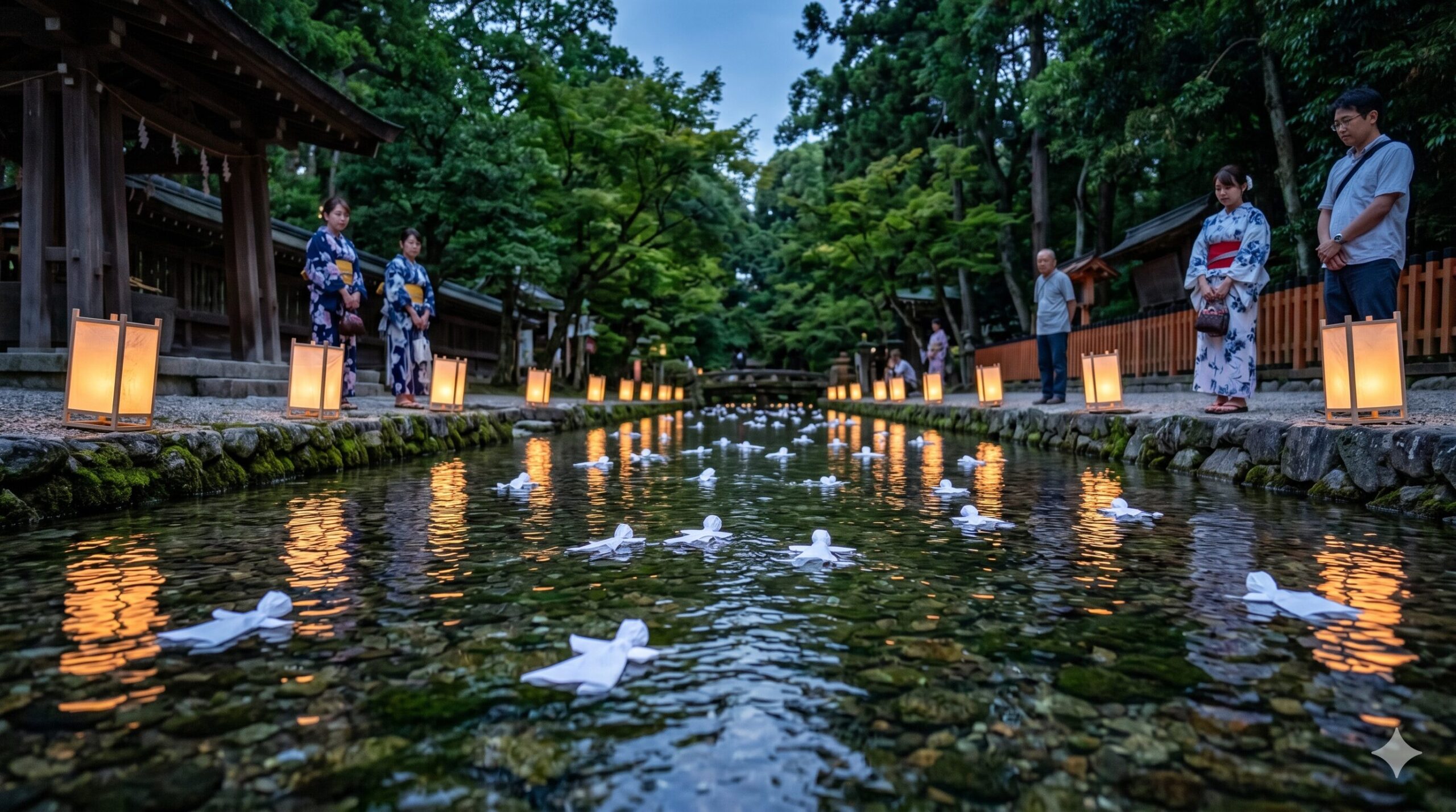 京都の上賀茂神社で、夏の夕暮れ時に行われる「ならの小川」の人形流し。提灯の灯りに照らされた幽玄な川面に、白い紙の人形が多数流れていく様子。