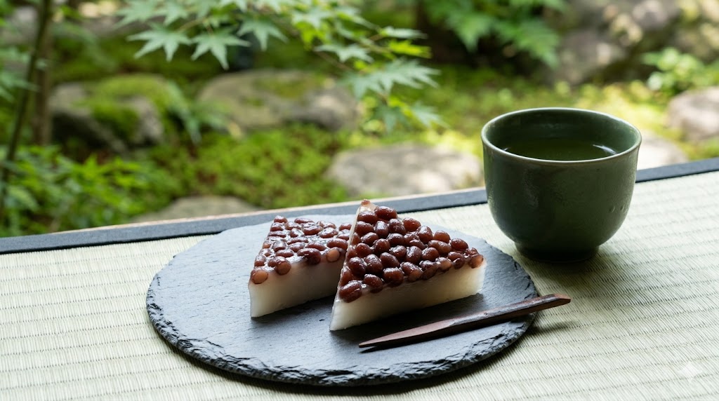 京都の和室で、石皿に盛られた三角形の和菓子「水無月」（ういろうに小豆）と冷たい緑茶。背景の坪庭が透けて見える、夏らしく涼しげな雰囲気。