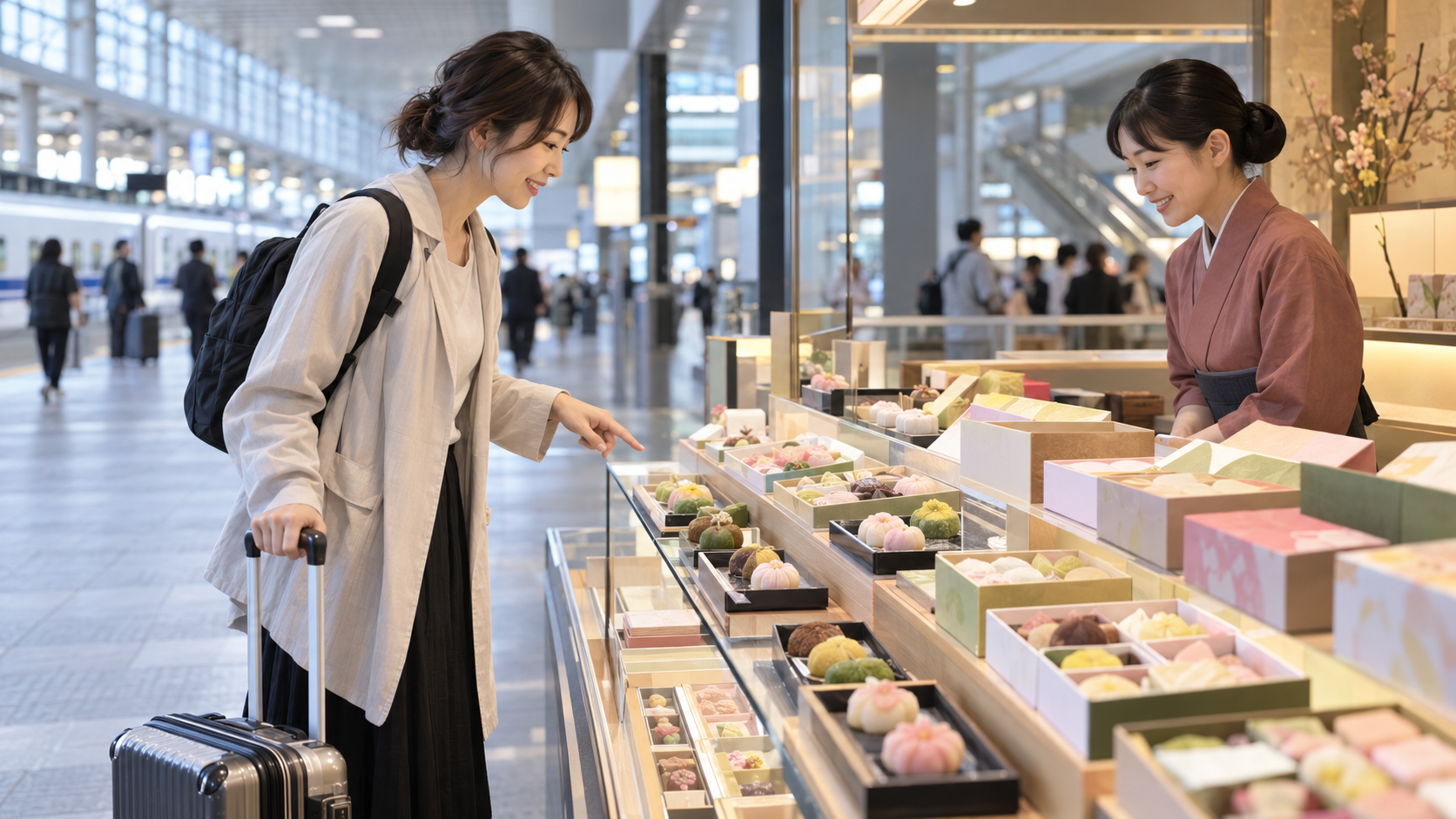 京都駅の売場で和菓子土産を選ぶ日本人旅行者