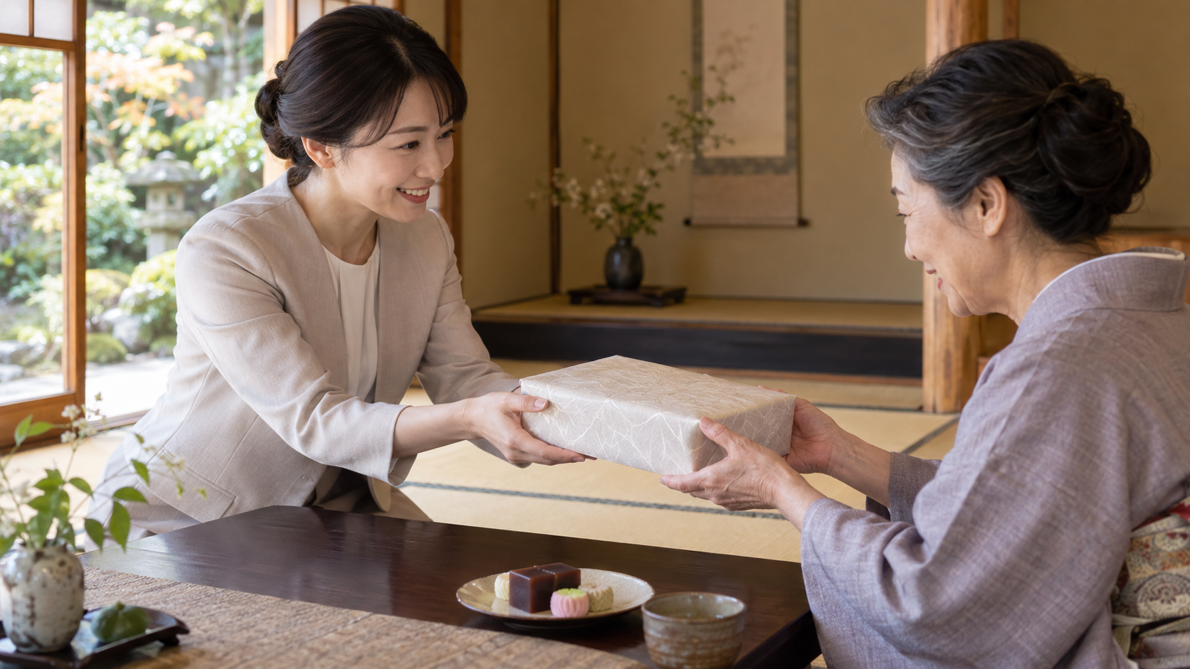 目上の方へ丁寧に手渡す京都の和菓子ギフト
