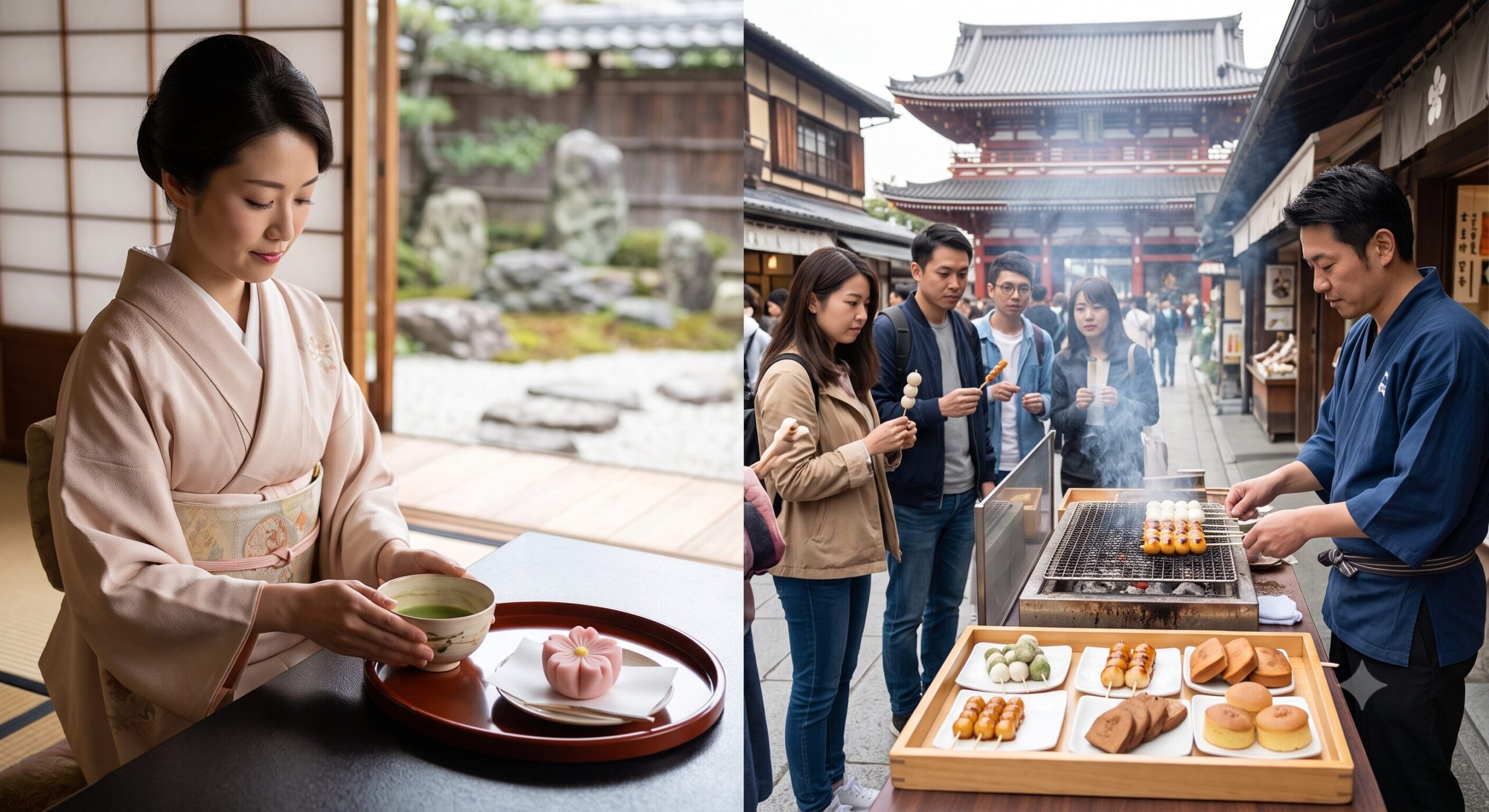 左右に分割された画像。左は宮中ゆかりの格式高い上菓子、右は下鴨神社のみたらし団子など、門前菓子の屋台の様子。