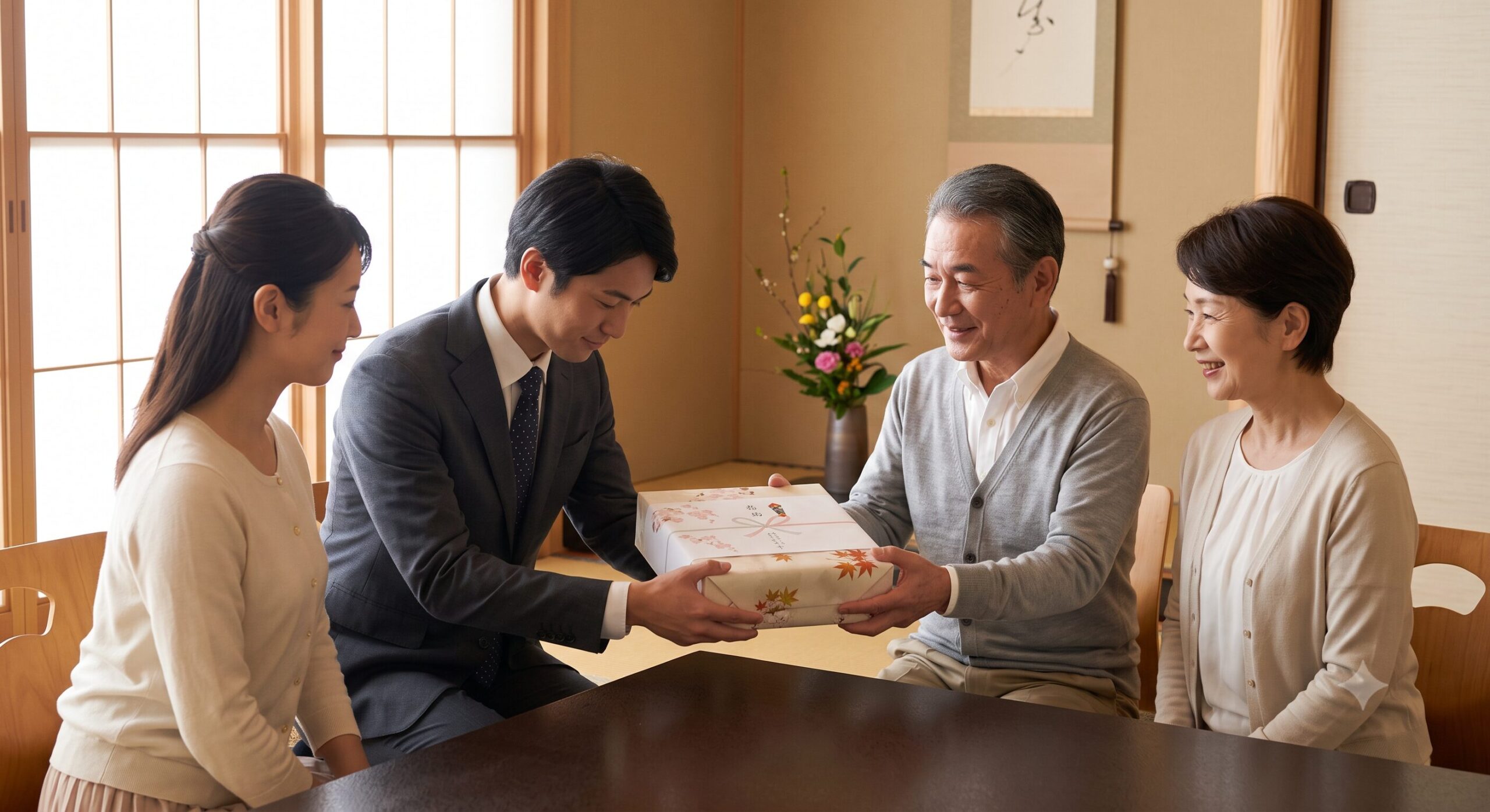 日本の家庭で、若い夫婦が洗練された包装の老舗和菓子を年配の夫婦に敬意を持って差し出す、家族の風景