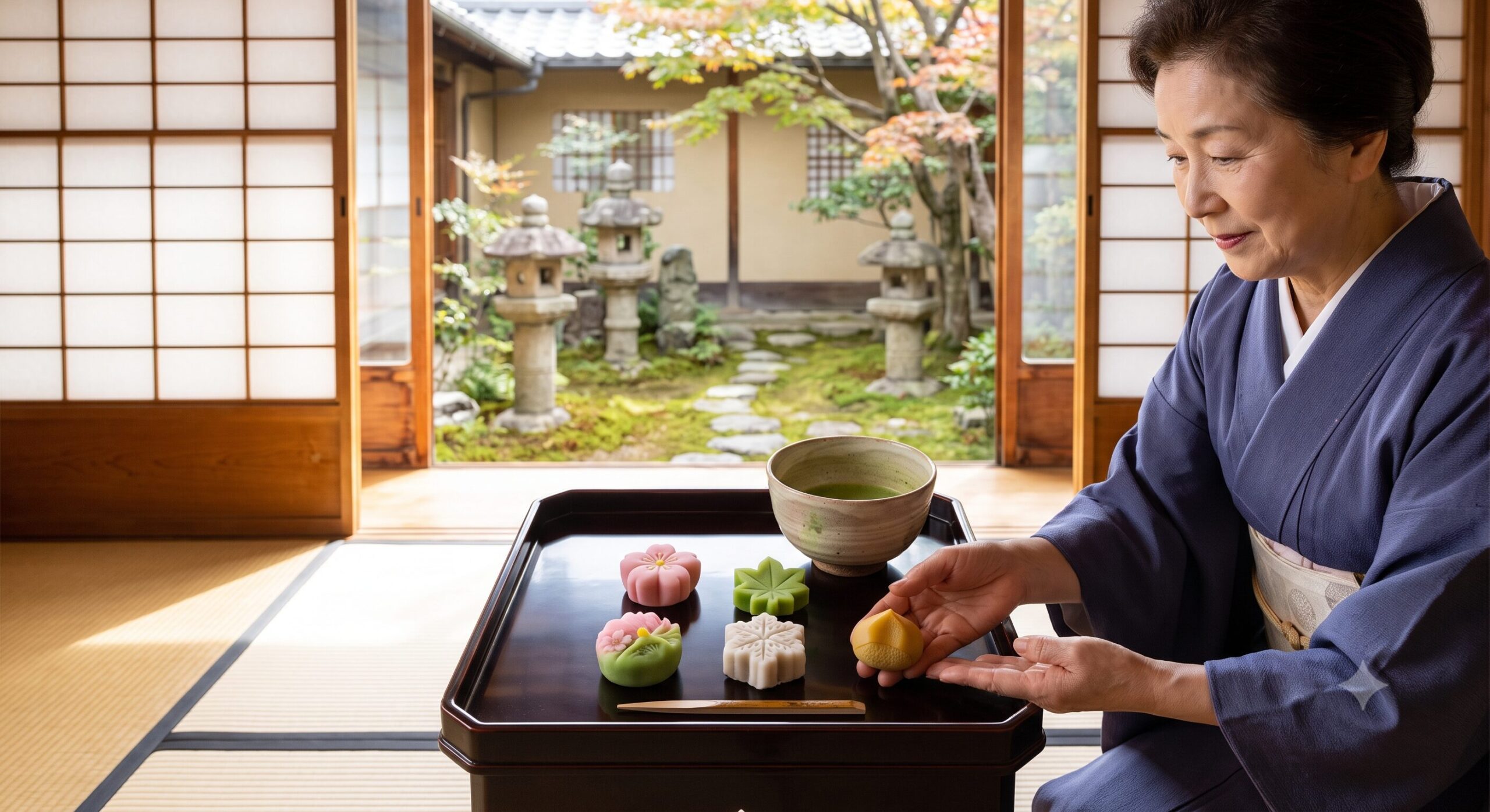 京都の茶室で、着物姿の日本人女性が老舗和菓子とお茶を差し出す、おもてなしの風景。