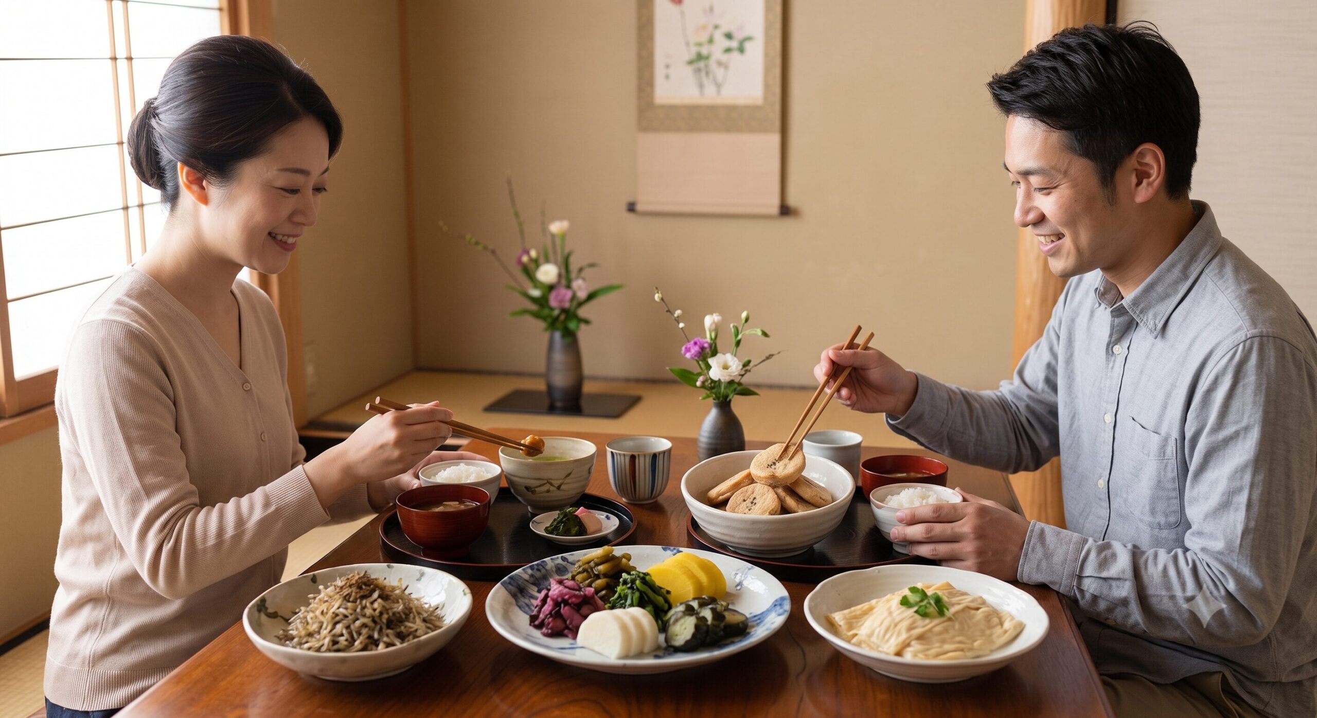 日本の食卓で、多様な京漬物、京麩、湯葉、ちりめん山椒が美しい器に盛られ、日本人の夫婦がご飯と一緒に楽しむ