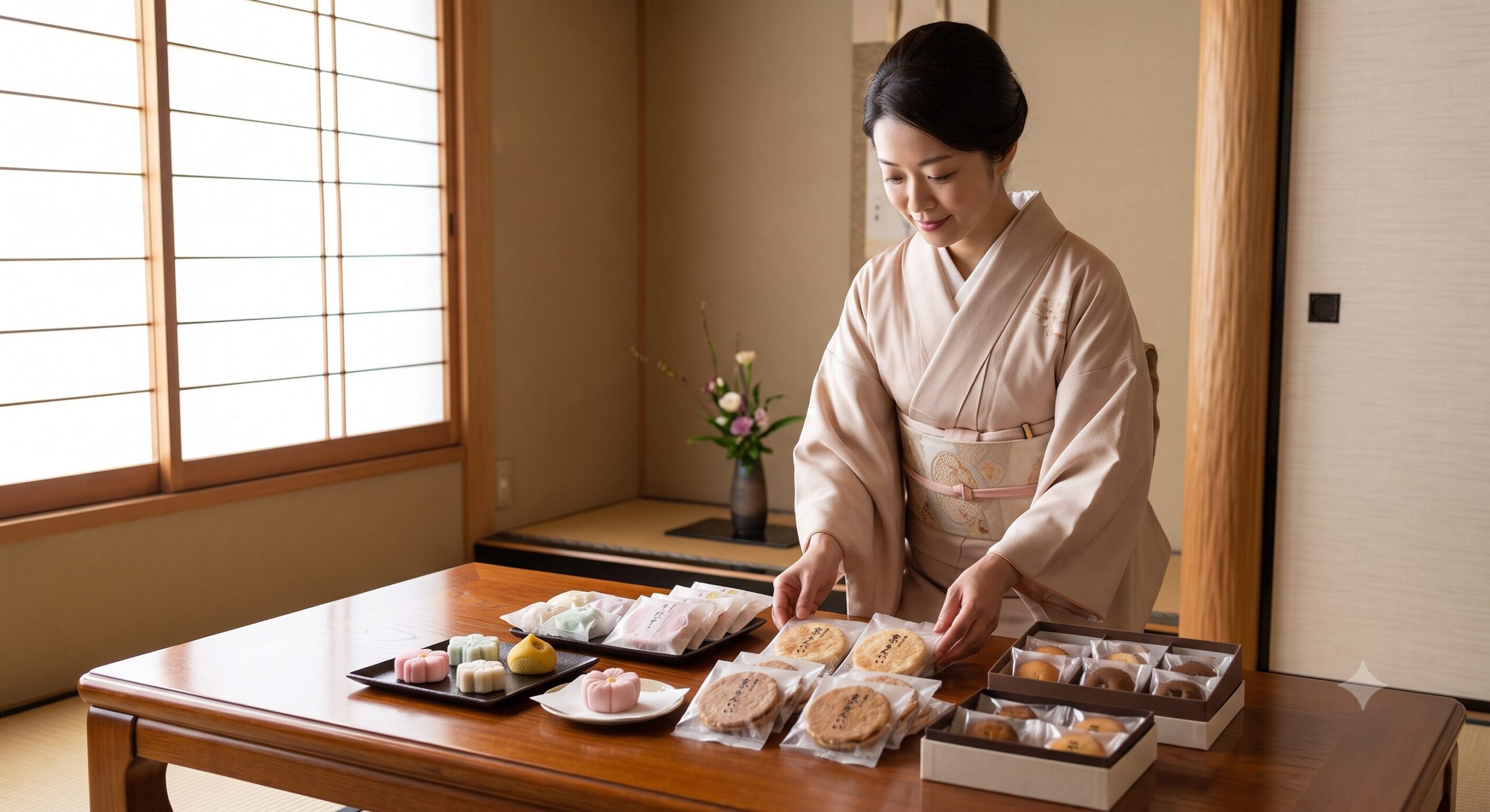 清潔な和室で、日本人の女性が多様な種類の常温保存可能な和菓子のパッケージを整える様子。