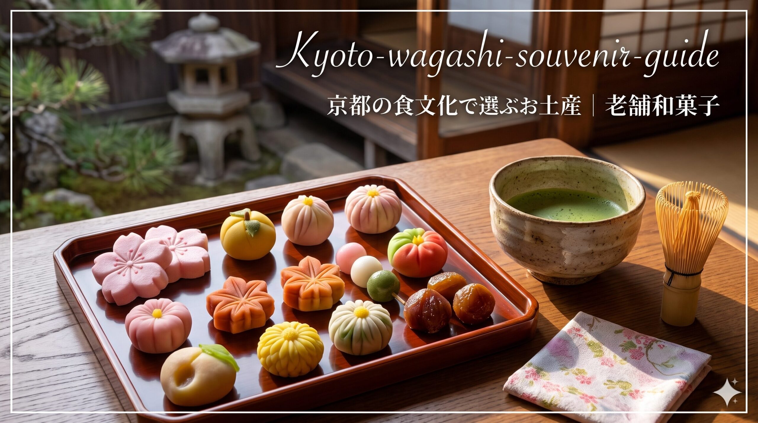 京都の和室の縁側で、着物姿の女性の前に並ぶ色鮮やかな季節の生菓子とお抹茶（京都土産のイメージ）