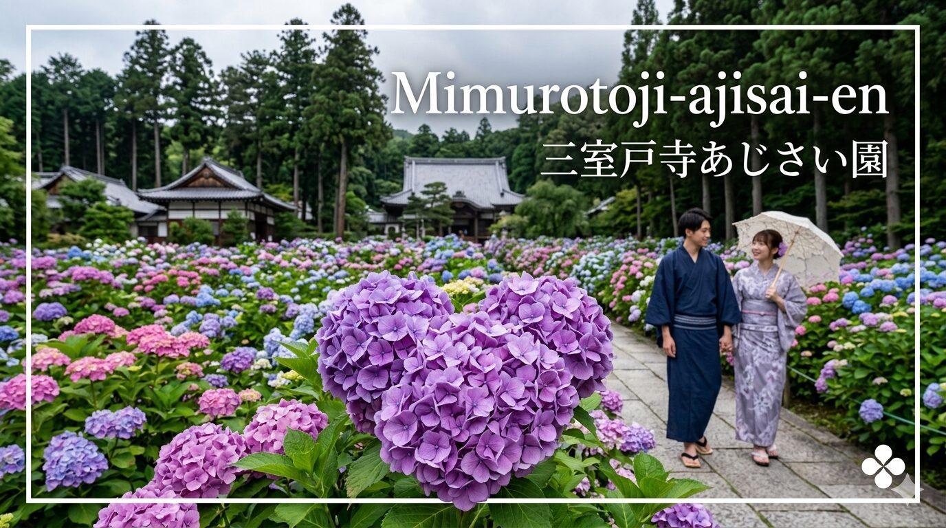 京都宇治の三室戸寺にある、満開の紫陽花（あじさい）に埋め尽くされた谷。杉木立に囲まれ、青、紫、ピンクの花々が咲き誇る中、ハート型の紫陽花が手前にあり、浴衣姿の日本人カップルが石畳の道を歩いている。