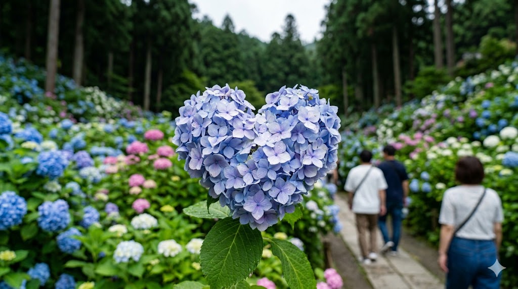 京都宇治の三室戸寺あじさい園で、自然にハートの形に咲いた青色の紫陽花（あじさい）。杉木立の谷間に咲く約2万株の色鮮やかな花々を背景に、ハート型の花にピントが合っており、見つけると幸運が訪れるという。