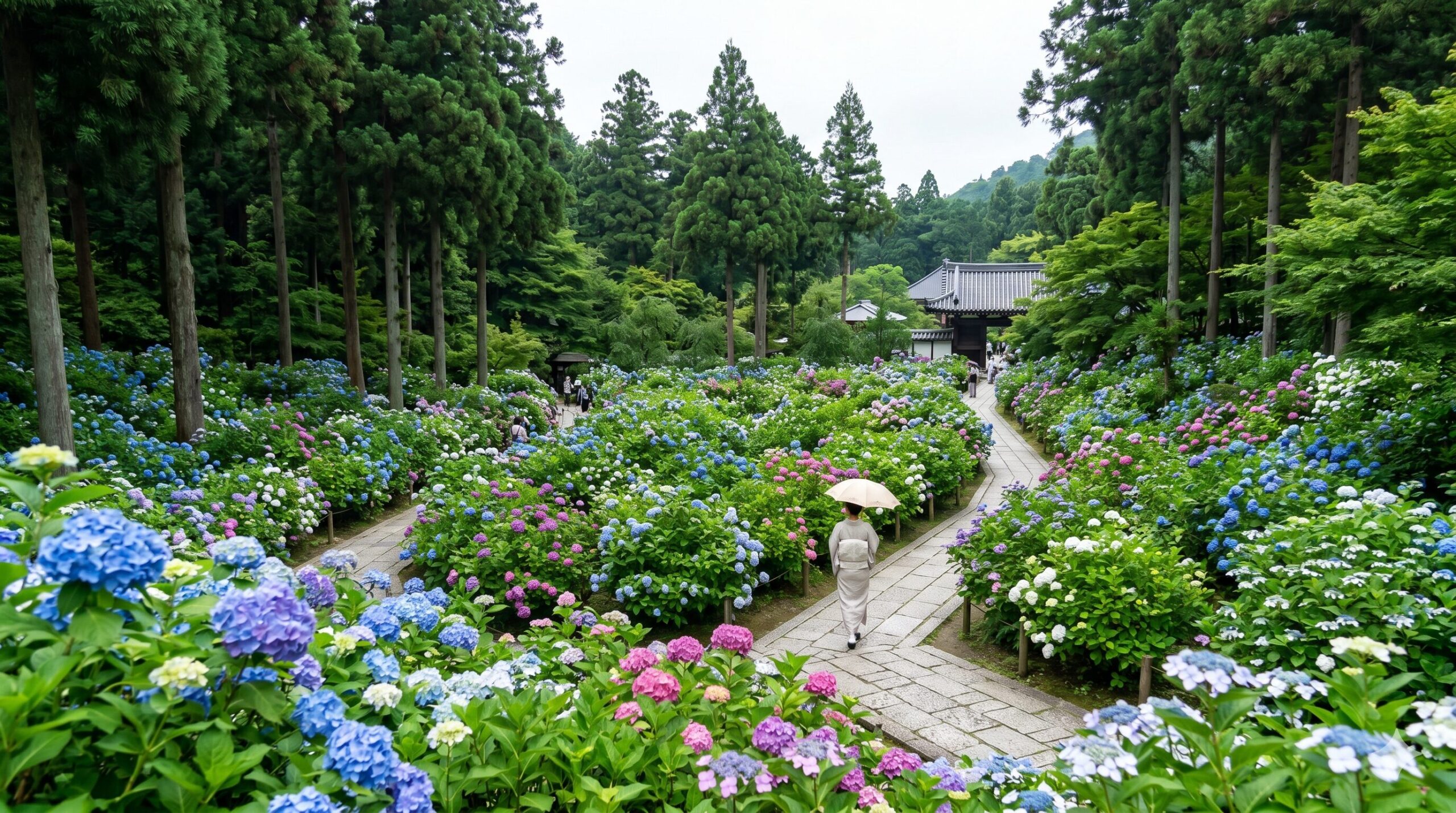 京都宇治の三室戸寺にある、広大な谷を埋め尽くす約2万株の満開の紫陽花（あじさい）園の絶景。杉木立に囲まれ、青、紫、ピンクの花々が咲き誇り、石畳の参道を歩く和服姿の日本人女性の後姿が見える。
