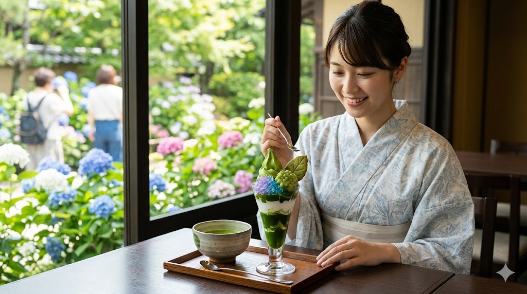 京都宇治の伊藤久右衛門本店で提供される、季節限定の「紫陽花パフェ」。抹茶の紫陽花きんとんやクラッシュゼリーが美しく盛られ、窓外の満開のあじさい園を背景に、日本人女性が笑顔で楽しんでいる。