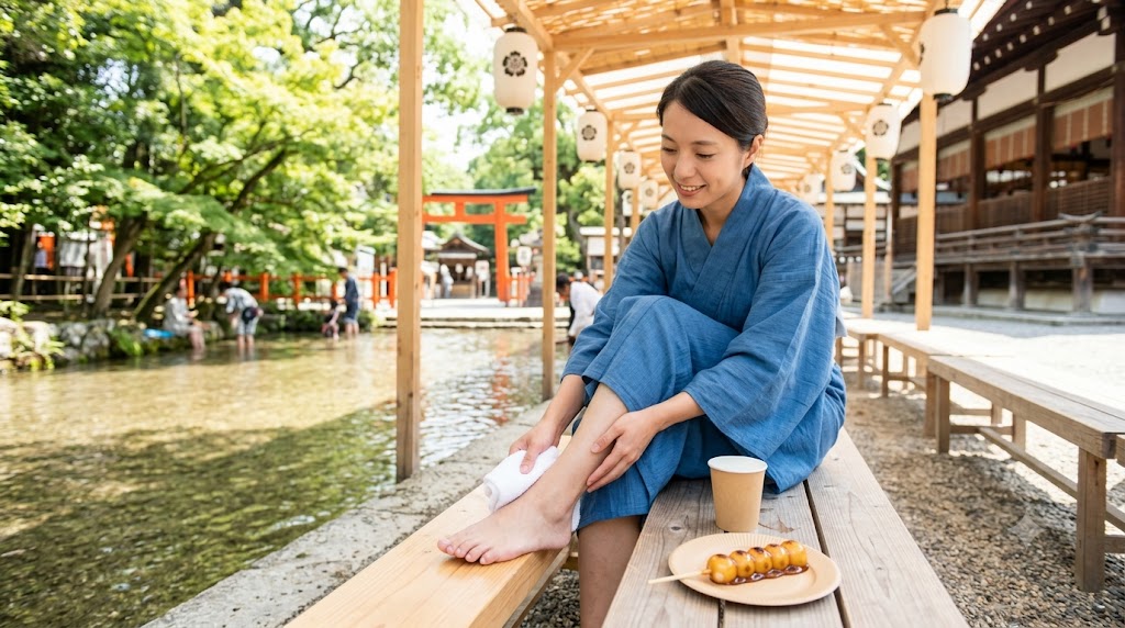 下鴨神社の御神水をいただき、足つけ神事後にみたらし団子を味わう日本人女性