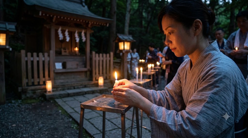 京都下鴨神社の井上社（御手洗社）で、無病息災を願い、真剣にろうそくを献灯する日本人女性の姿。