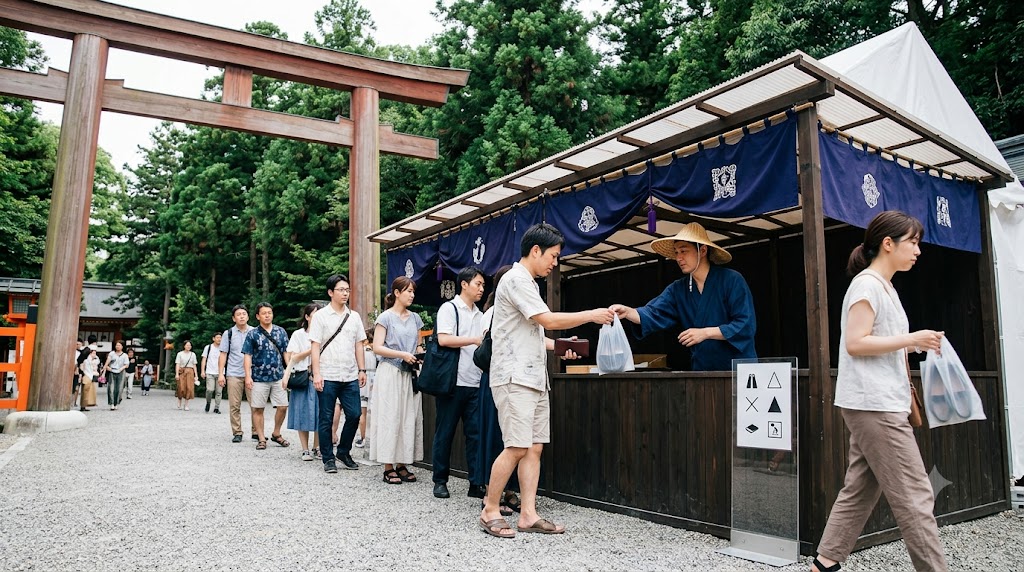 京都下鴨神社のみたらし祭で、楼門内東側の受付で御灯明料を納め、靴袋を受け取る日本人男性の様子