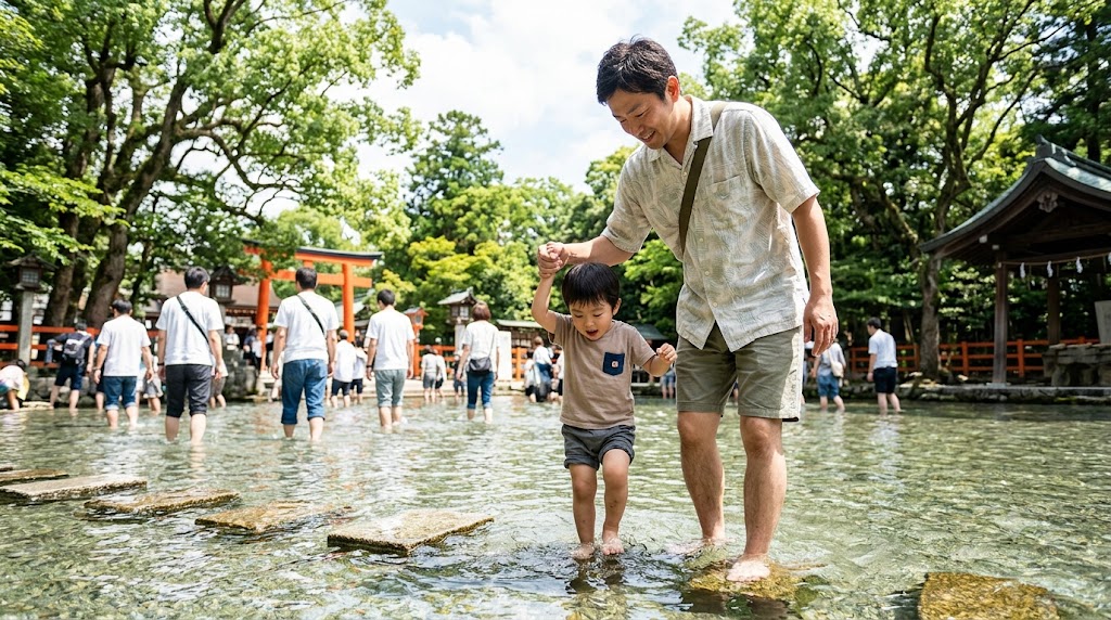 昼間の明るい下鴨神社御手洗池で、保護者に見守られながら安全に足つけ神事に参加する日本人の子供。