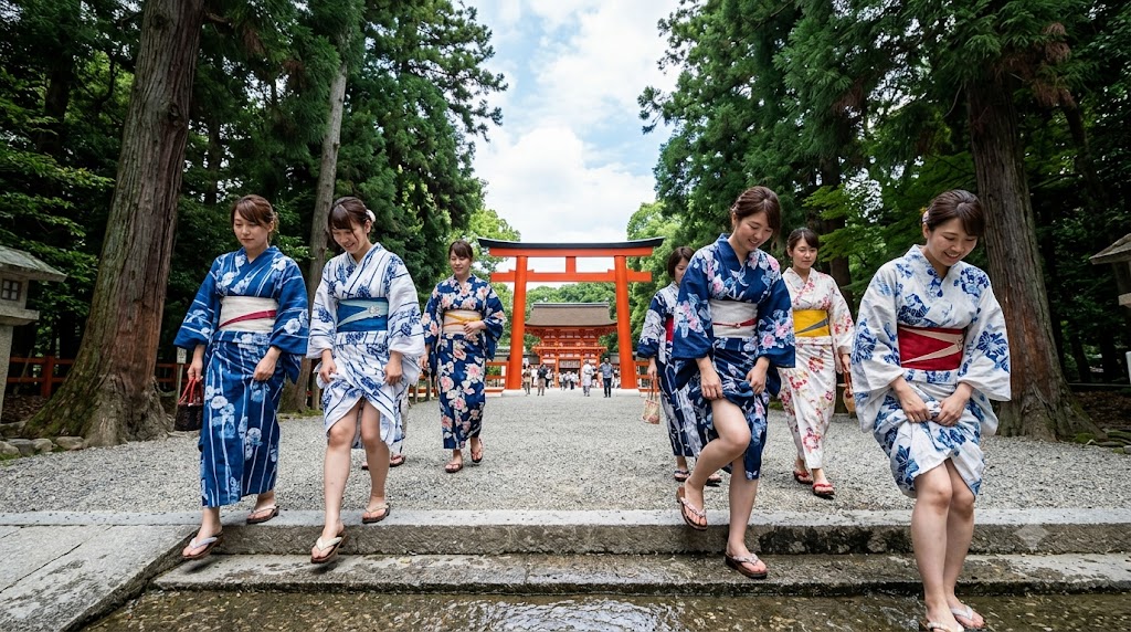 下鴨神社の糺の森を浴衣姿で歩く日本人女性たち。みたらし祭の服装の参考になる