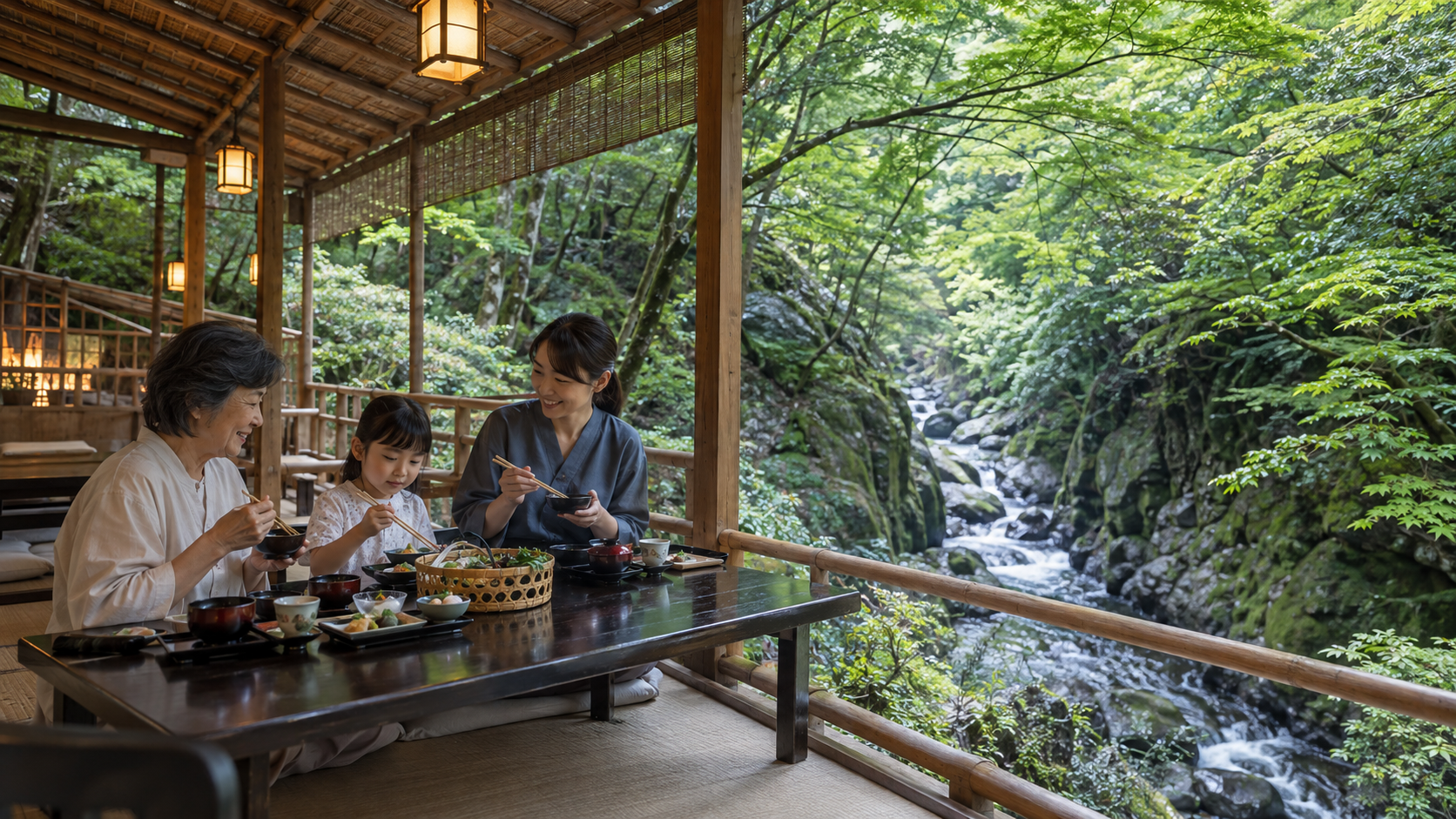 京都・高雄の青もみじと渓谷に囲まれた屋根付き川床で昼食を楽しむ日本人家族