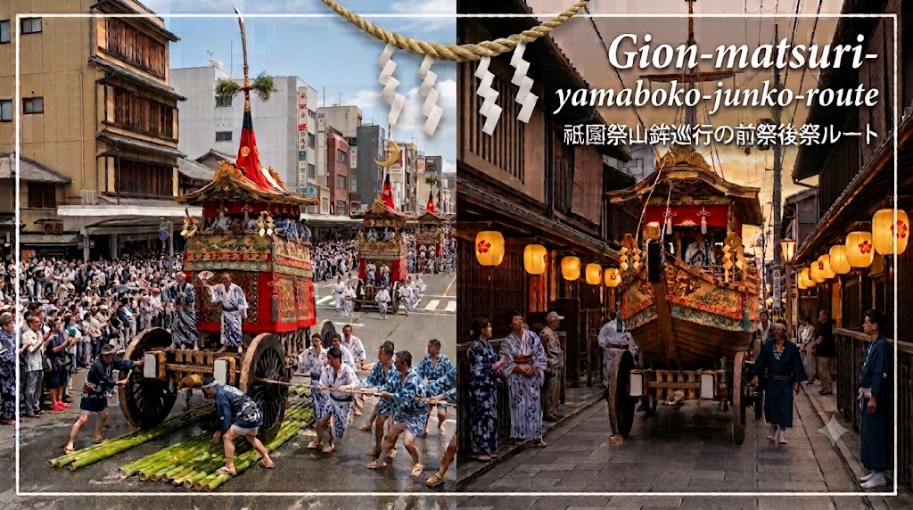 祇園祭の山鉾巡行（前祭と後祭）の対比を象徴するイメージ。左側に昼の前祭の辻回しとNaginata Hoko、右側に夕暮れの後祭の静かな町家とOfune Hoko、中央にShimenawaを配置。
