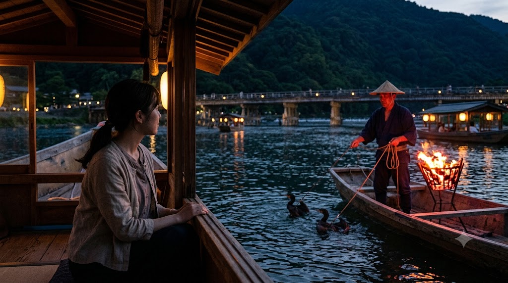 京都の嵐山で夏の夜に屋形船から伝統的な鵜飼を鑑賞し、笑顔を見せる日本人女性