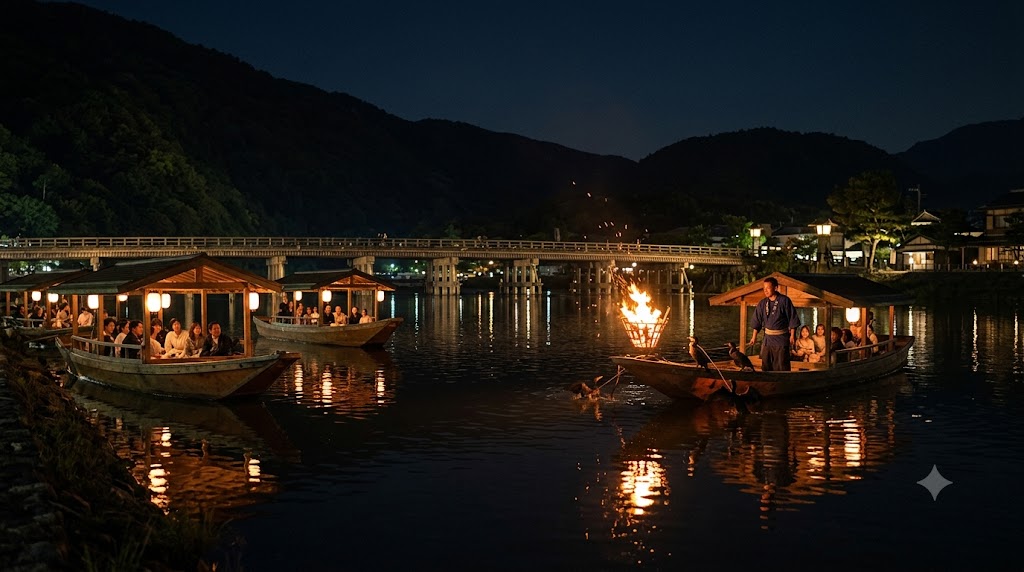 夜の京都嵐山、大堰川に浮かぶ複数の屋形船と遠くに見える渡月橋のシルエット、そして赤々と燃える鵜飼の篝火