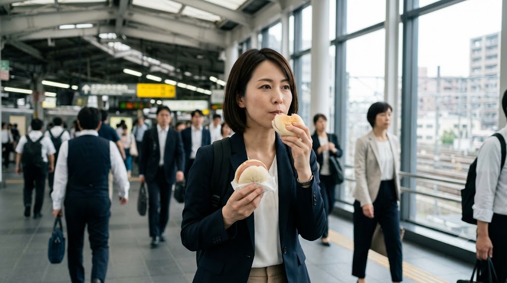 京都駅の混雑する地下改札口付近。朝のラッシュ時、通勤途中の日本人女性(ビジネス・カジュアル姿)が、歩きながら志津屋の「カルネ」によく似た、ハムと玉ねぎが挟まれたシンプルな丸パンを片手で practical に食べている。多くの通勤客が行き交う、京都のリアルな日常の移動風景。