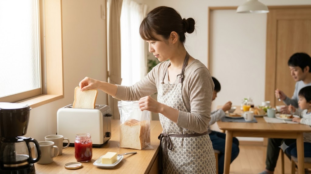 京都にある現代的なアパートの、朝日が差し込む清潔なキッチン。エプロン姿の日本人主婦が、市販のスライス済み食パン(ロゴなしの透明袋入り)を透明な袋から一枚取り出し、カウンターにあるポップアップトースターに入れようとしている。忙しい平日の朝の、日常的な家庭の風景。