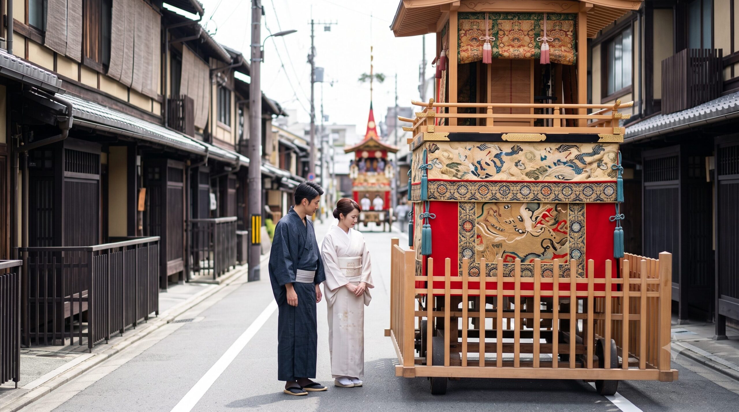 「日中、京都の伝統的な町家が並ぶ通り。静寂の中、展示された美しい山鉾（観音山）の装飾を落ち着いて鑑賞する日本人男性。」