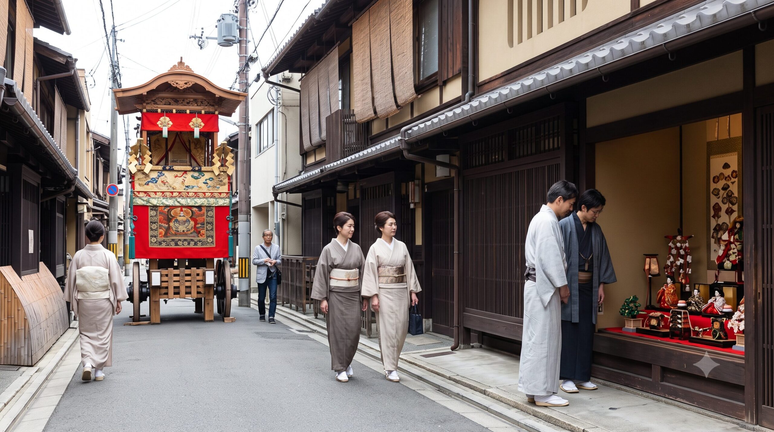 「昼下がりの京都。後祭の宵山期間、静かな街並みに展示された山鉾をゆっくりと鑑賞する着物姿の日本人女性二人。」