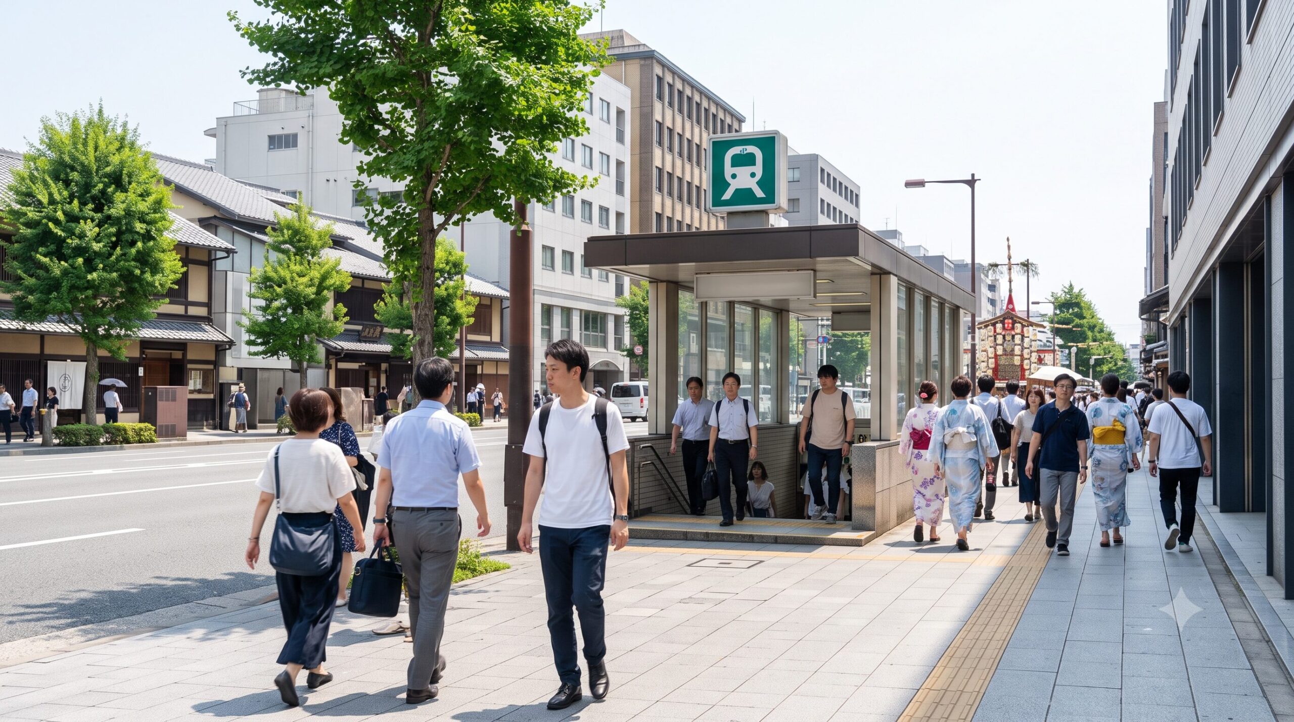 「日中、地下鉄・烏丸御池駅の出口付近。祇園祭の宵山に向かう、または帰る日本人観光客。四条烏丸の混雑を避けた快適なアクセス。」