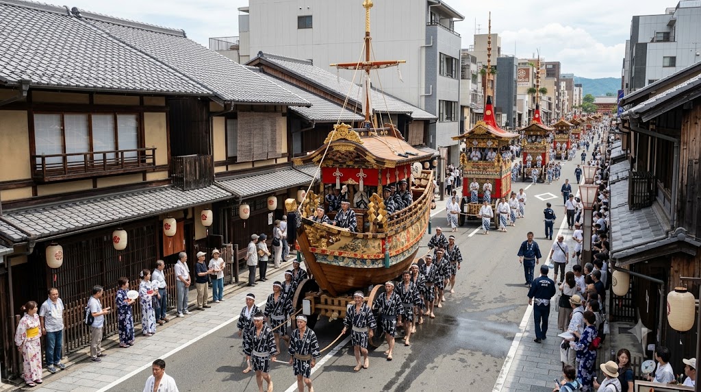 祇園祭の後祭山鉾巡行。伝統的な京町家が立ち並ぶ四条通（新町通周辺）をゆっくりと進む大船鉾。前祭に比べ観客が少なく、落ち着いた雰囲気の中で山鉾の美しさを鑑賞する様子。