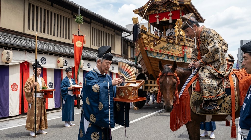 祇園祭の山鉾巡行で行われる儀式「くじ改め」。京都市役所前（後祭ルート）にて、伝統的な衣装に身を包んだ町行司（まちぎょうじ）が、文箱（ふんばこ）に入ったくじ札を扇子を使って厳かに奉行役（騎馬姿）に提示する。