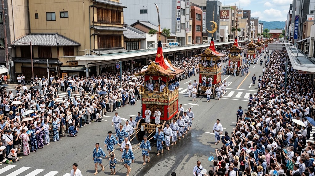 京都祇園祭の前祭山鉾巡行。晴天の下、四条河原町の交差点を埋め尽くす大観衆と、豪華絢爛な長刀鉾を筆頭に続く山鉾の列。伝統的な浴衣姿の観客が熱気の中で見守る。