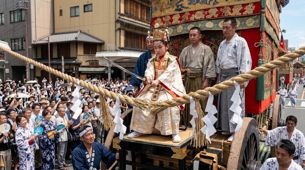 祇園祭の前祭山鉾巡行における「注連縄切り（しめなわきり）」。四条麩屋町にて、豪華な稚児装束をまとった生稚児が、長刀鉾の上から真剣で注連縄を一気に切り落とす、神聖で緊張感のある瞬間。