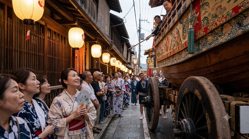 祇園祭の山鉾巡行、狭い新町通を進む夜の風景。提灯の温かい光に照らされた伝統的な京町家の間を、巨大な山鉾（大船鉾）が屋根方（やねかた）や曳き手の緊密な連携により、至近距離で通り抜ける様子。浴衣姿の観客が感嘆の声を上げる。