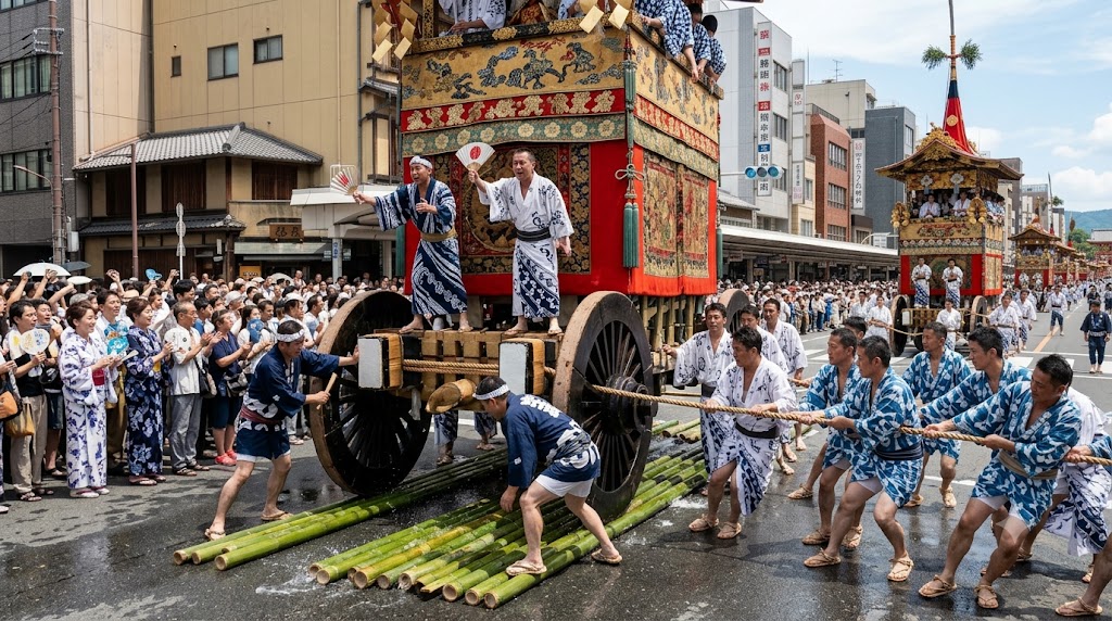 祇園祭の山鉾巡行における「辻回し」の瞬間。四条河原町の wet な路面で、車方（くるまかた）が敷いた青竹と水の上を、巨大な鉾が音頭取りの合図に合わせて曳き手によってダイナミックに方向転換する様子。