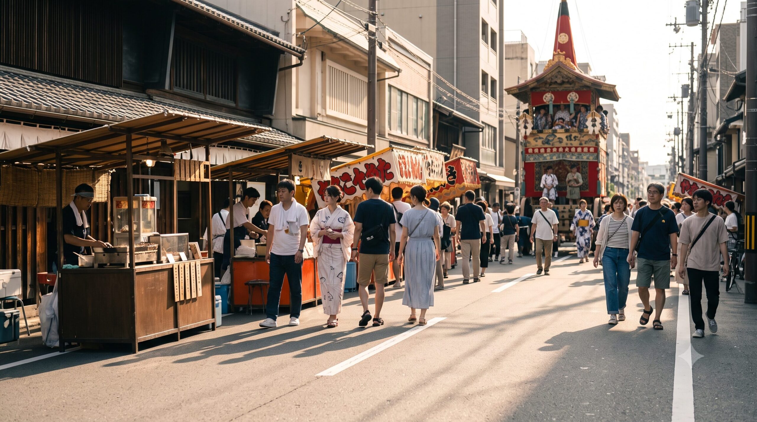 「昼下がりの京都。後祭の宵山期間、静かな街並みに展示された山鉾をゆっくりと鑑賞する着物姿の日本人女性二人。」