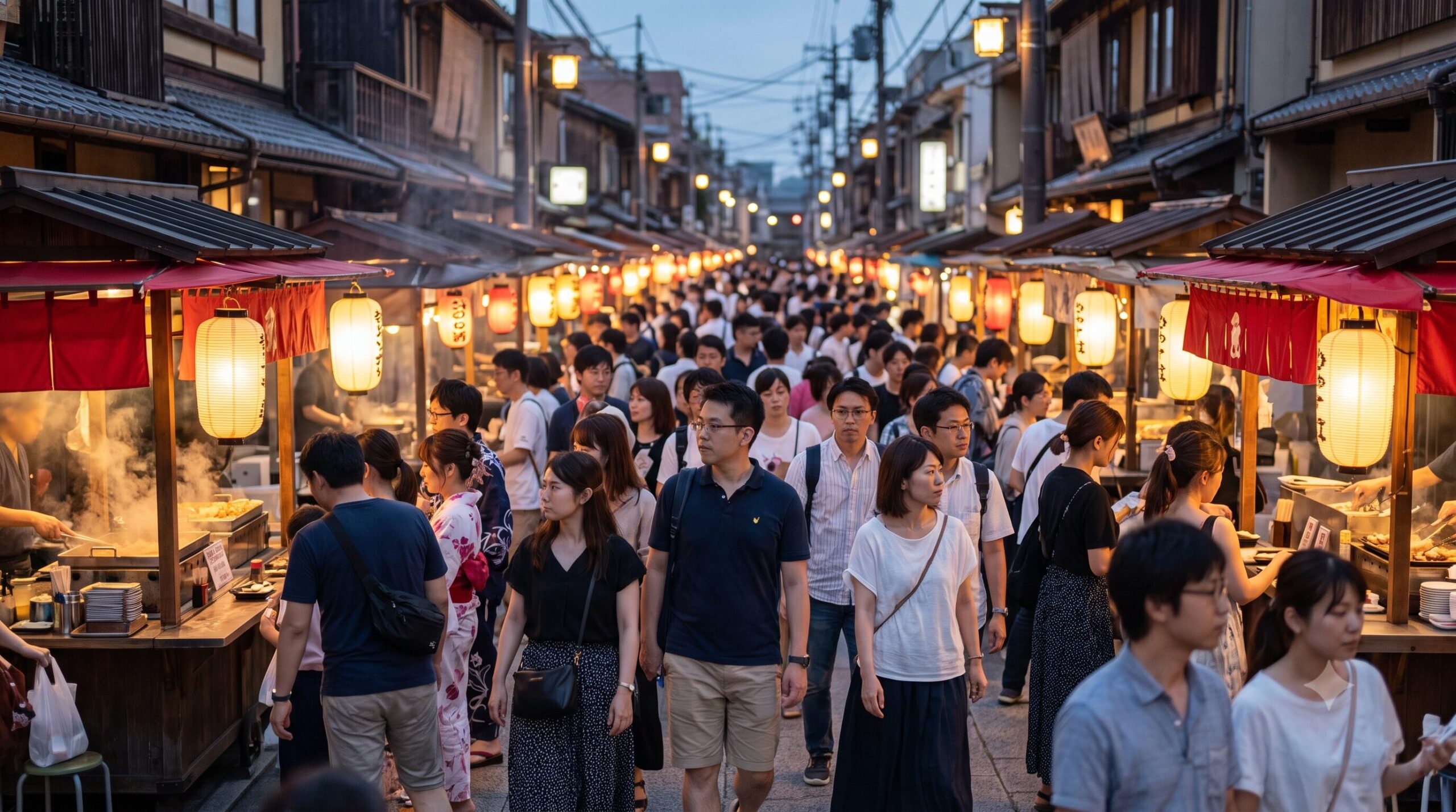 「夕暮れ時の祇園祭宵山、提灯が灯る屋台街を歩く日本人観光客。混雑する夜の祭りの活気ある雰囲気。」
