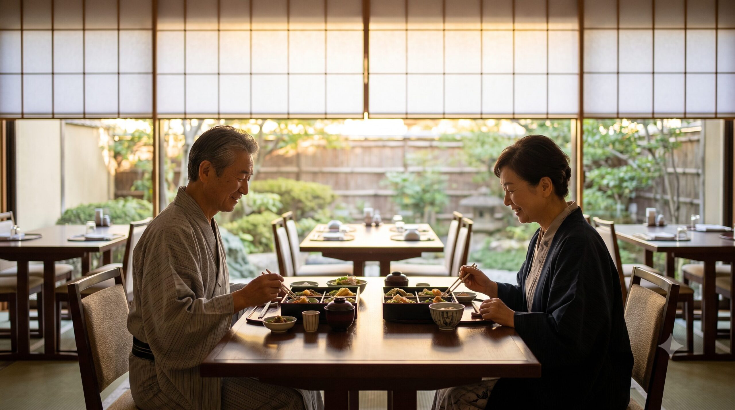 ホテルグランヴィア京都の浮橋で庭園を眺めながら贅沢な京の和朝食を楽しむ夫婦。